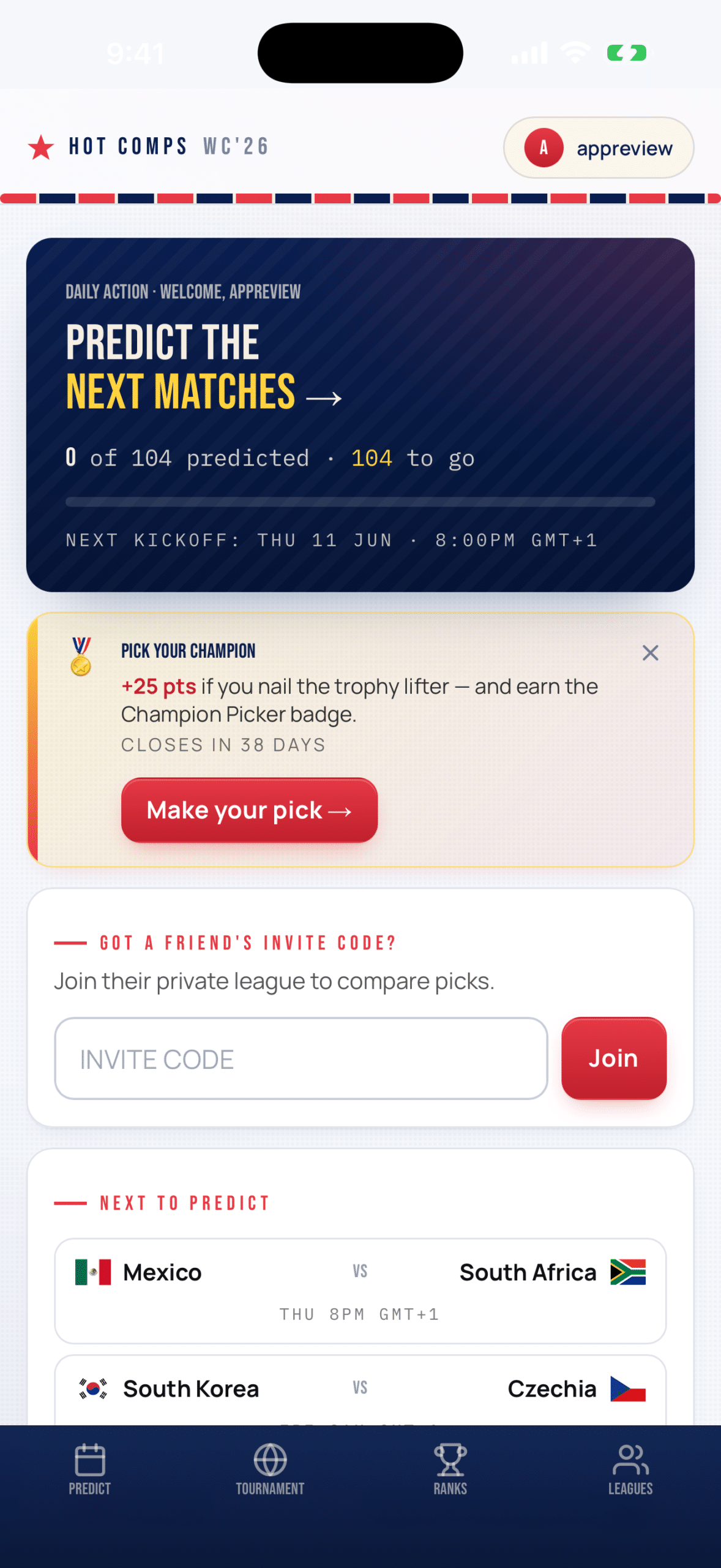 Hot Comps dashboard screen showing today's predictions and wallet balance