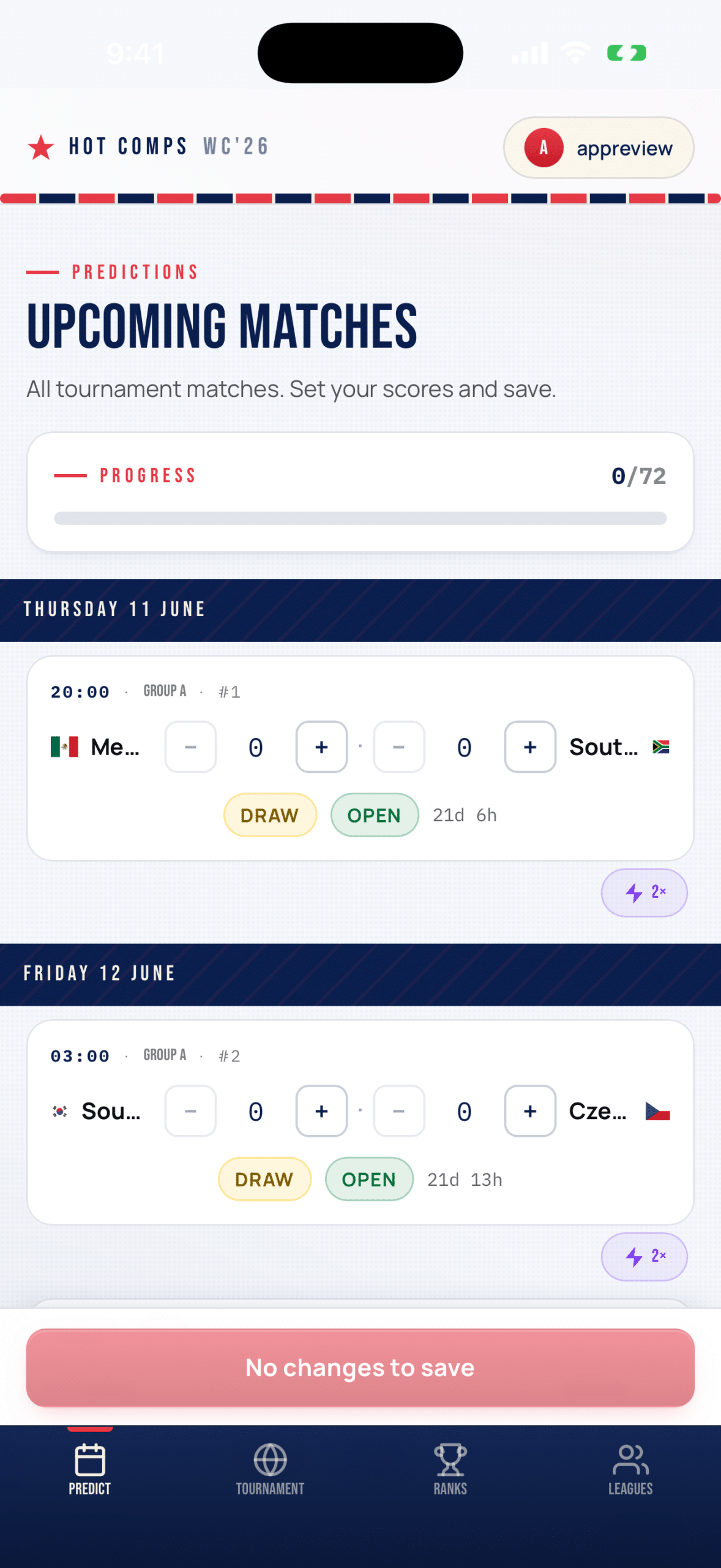 Hot Comps tournament winner picker with country flag grid